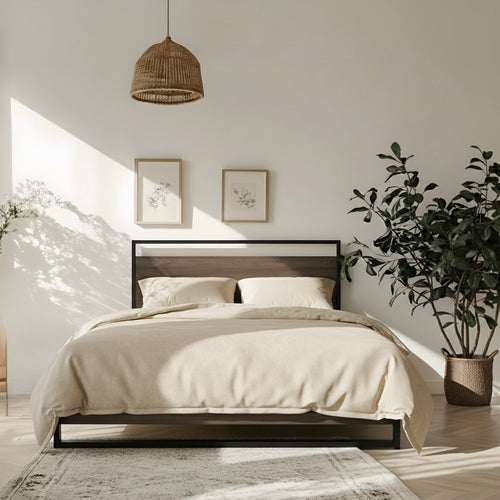 Rome Metal and Wood Platform Bed Frame With Headboard Nakhlaa