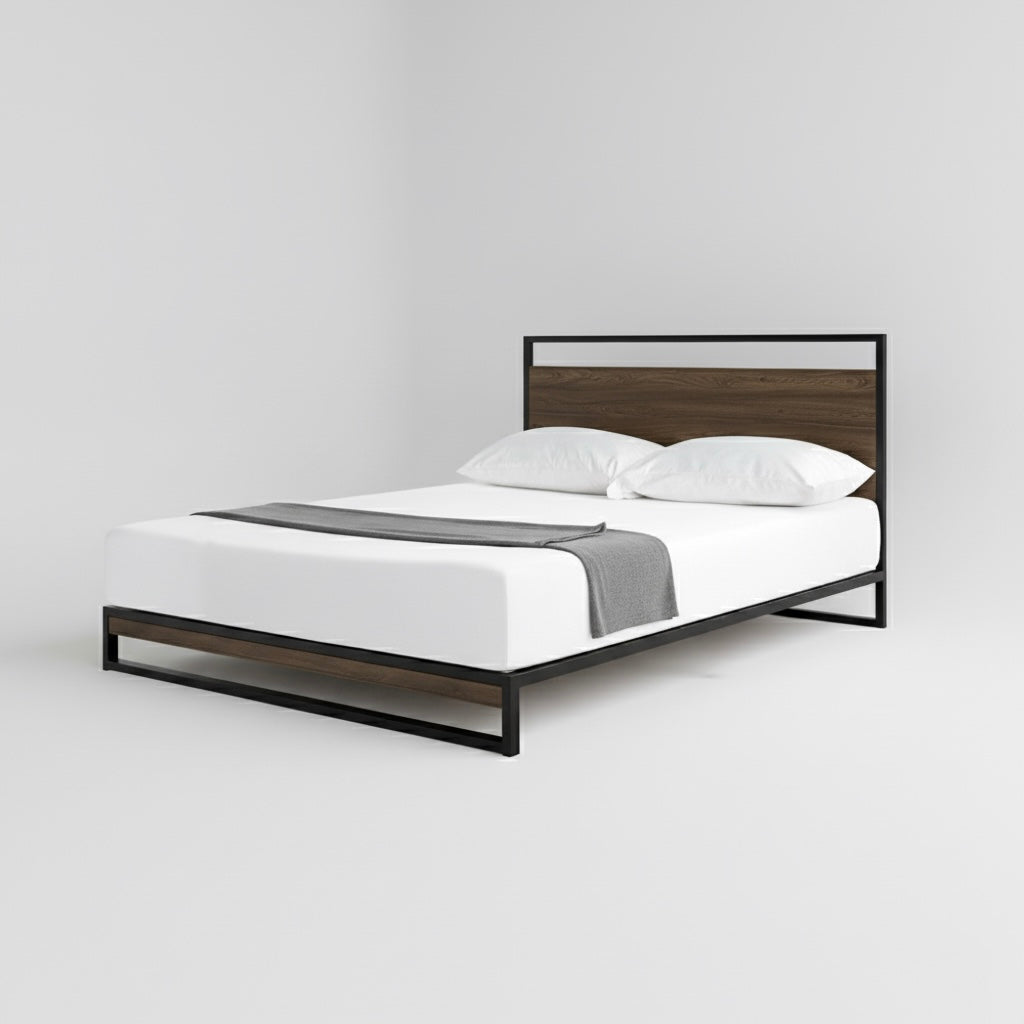 Rome Metal and Wood Platform Bed Frame With Headboard Nakhlaa
