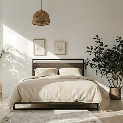 Rome Metal and Wood Platform Bed Frame With Headboard Nakhlaa