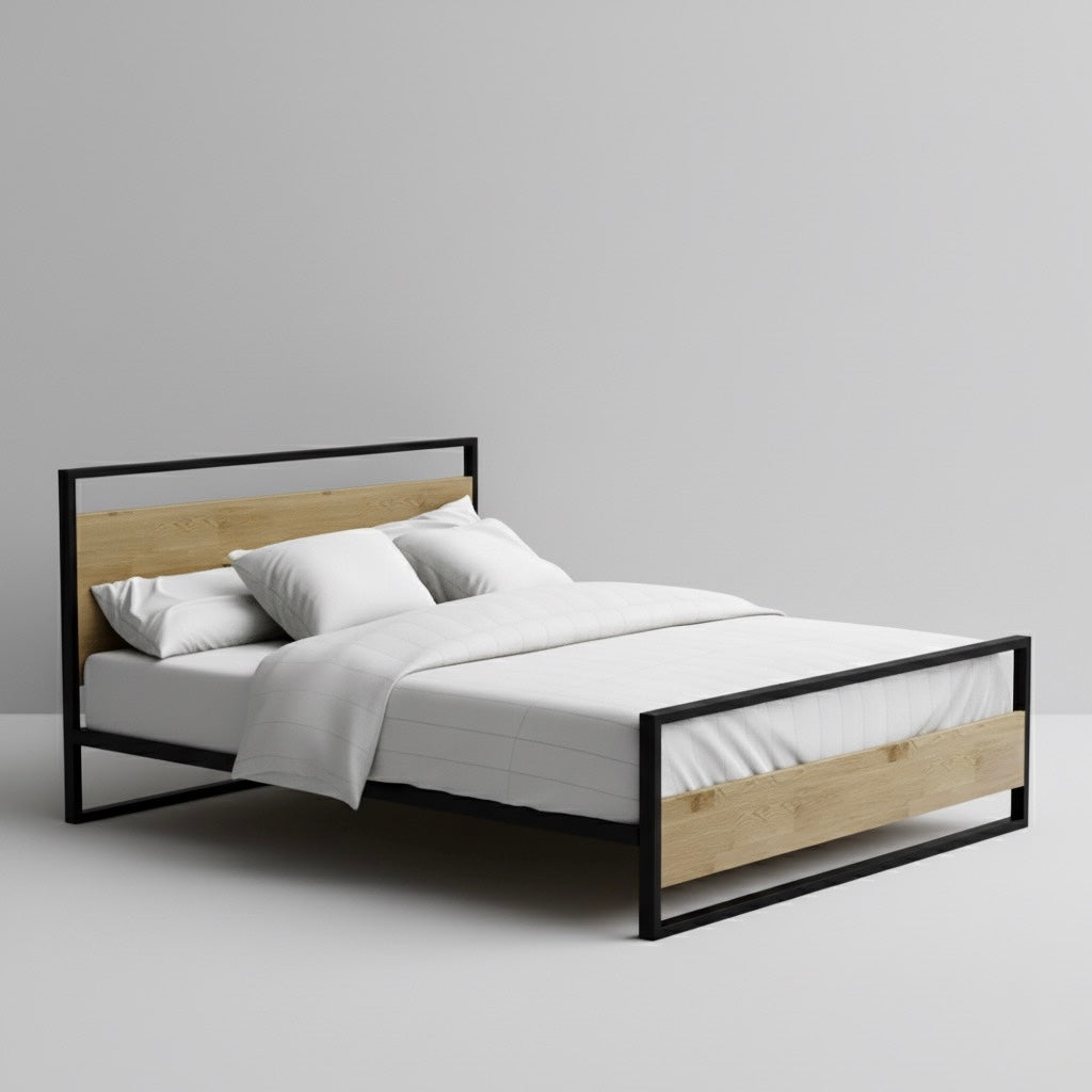 Milan Metal and Wood Platform Bed Frame With Headboard Nakhlaa