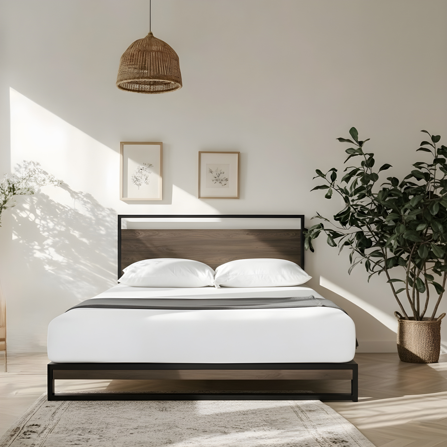 Rome Metal and Wood Platform Bed Frame With Headboard Nakhlaa