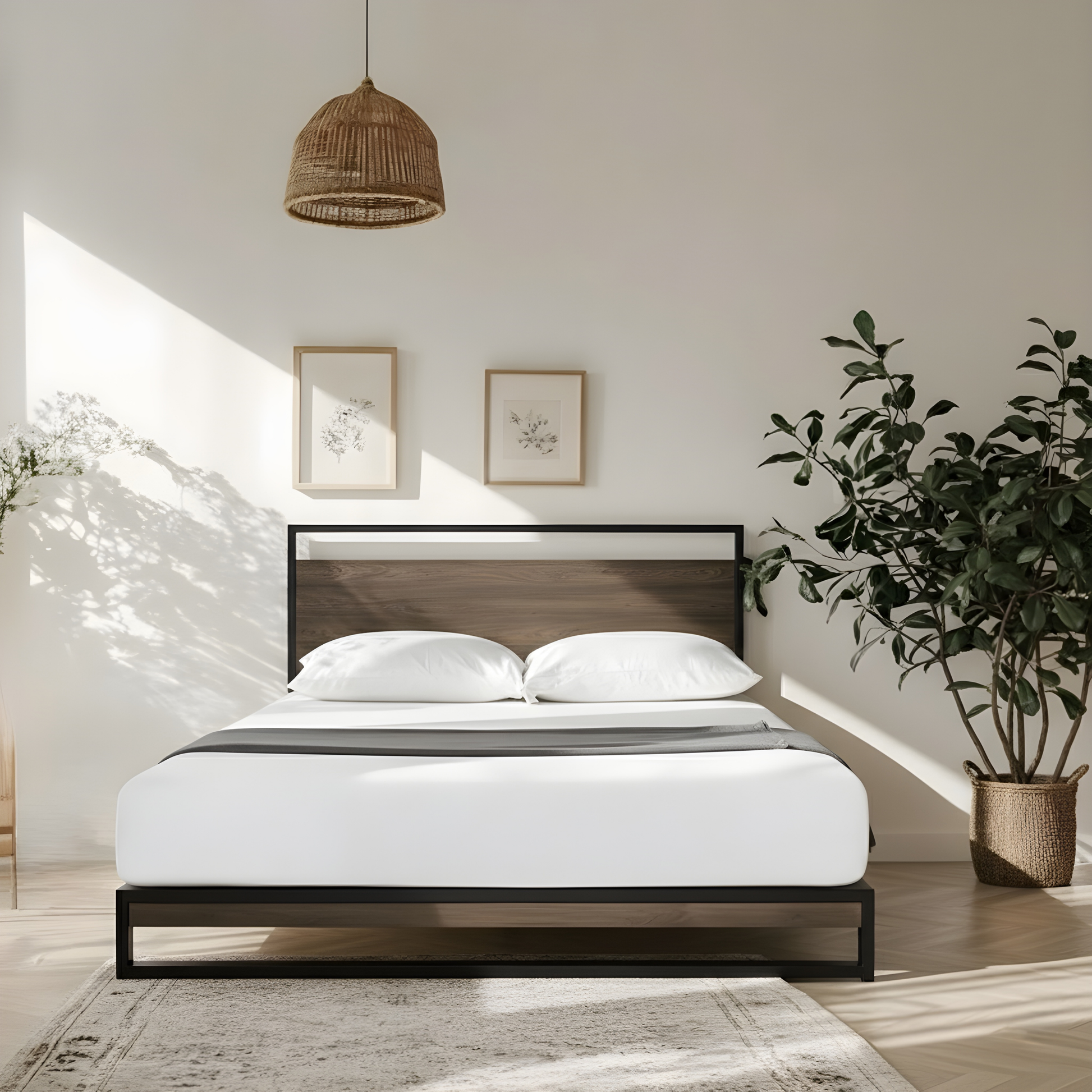 Rome Metal and Wood Platform Bed Frame With Headboard Nakhlaa