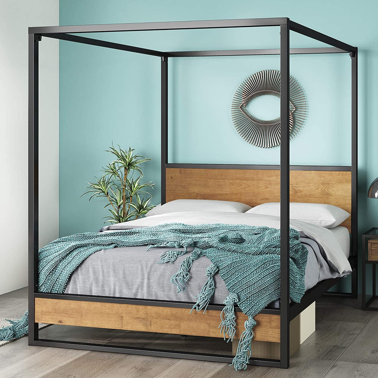 Naples Metal and Wood Canopy Platform Bed Frame Nakhlaa