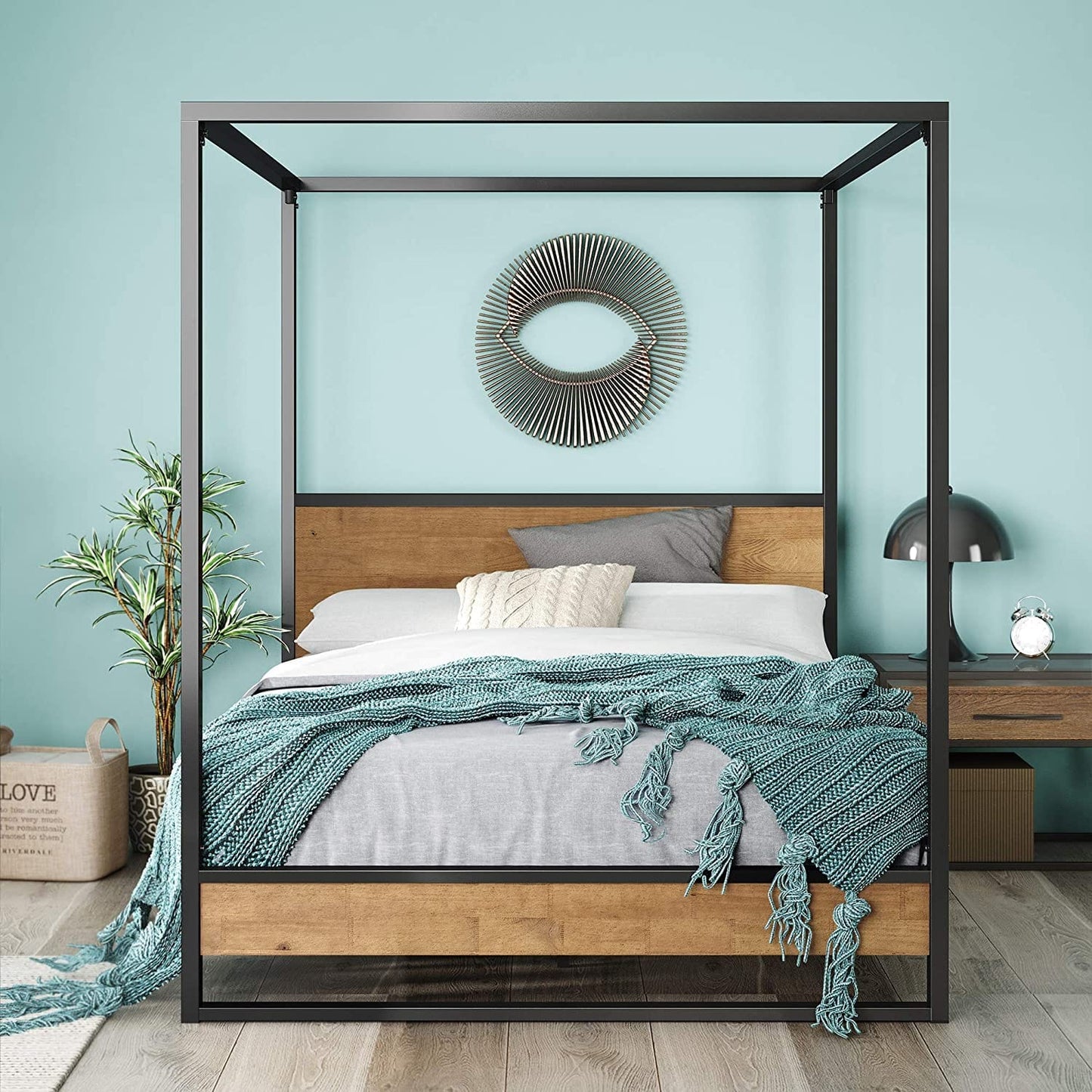 Naples Metal and Wood Canopy Platform Bed Frame Nakhlaa