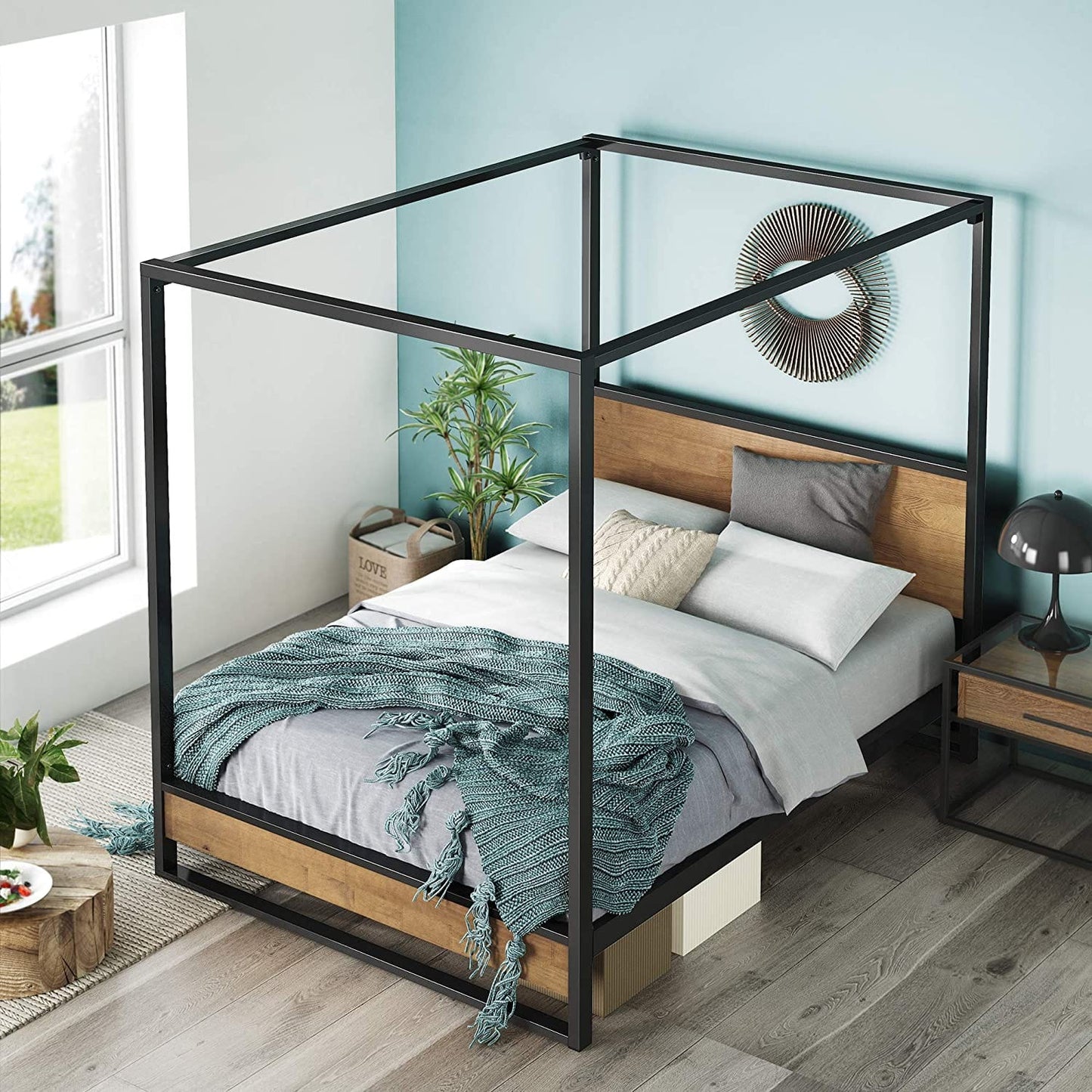 Naples Metal and Wood Canopy Platform Bed Frame Nakhlaa