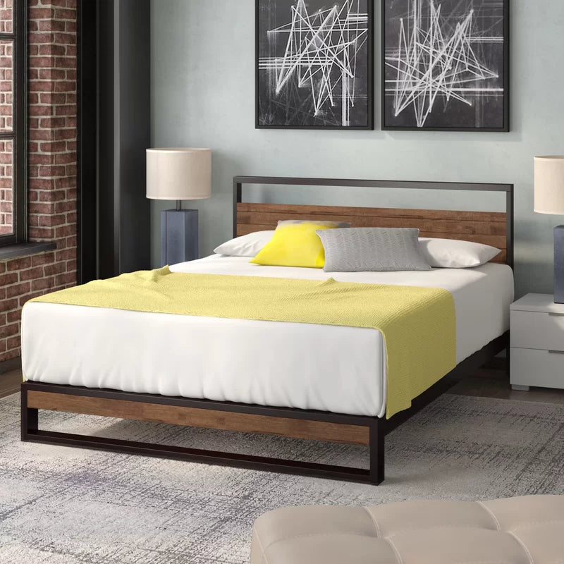 Rome Metal and Wood Platform Bed Frame With Headboard Nakhlaa