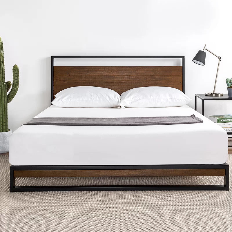 Rome Metal and Wood Platform Bed Frame With Headboard Nakhlaa