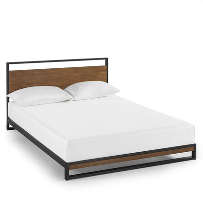Rome Metal and Wood Platform Bed Frame With Headboard Nakhlaa