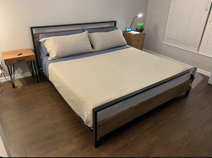 Milan Metal and Wood Platform Bed Frame With Headboard Nakhlaa