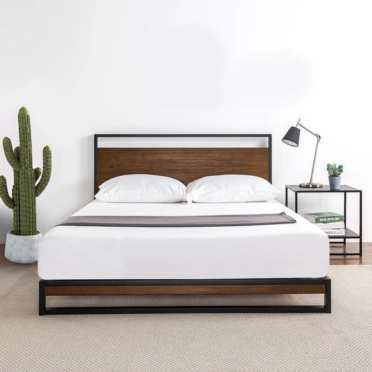Rome Metal and Wood Platform Bed Frame With Headboard Nakhlaa